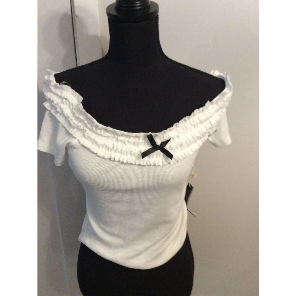 New NWT Tillys West of Melrose Large Cream Ruffled Shirt Bow